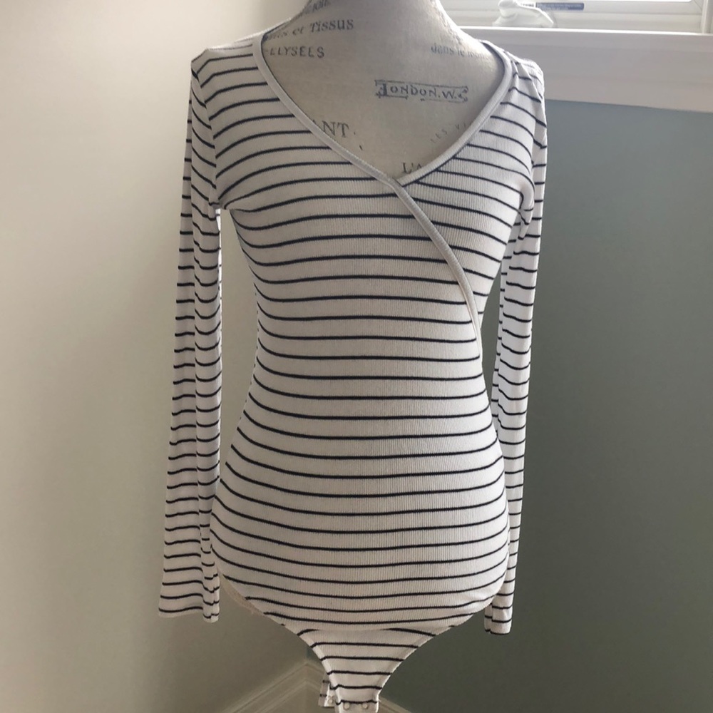 Hollister Black & White Striped Body Suit Large